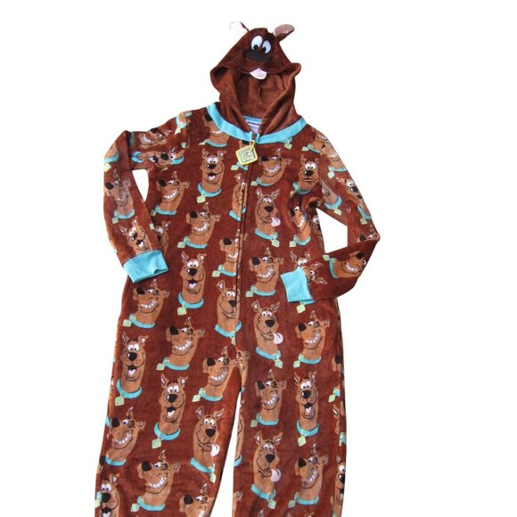 Scooby Doo Adult Costume Brown Dog Print 1-Piece Suit w Hood Size S M HALLOWEEN - Picture 1 of 8
